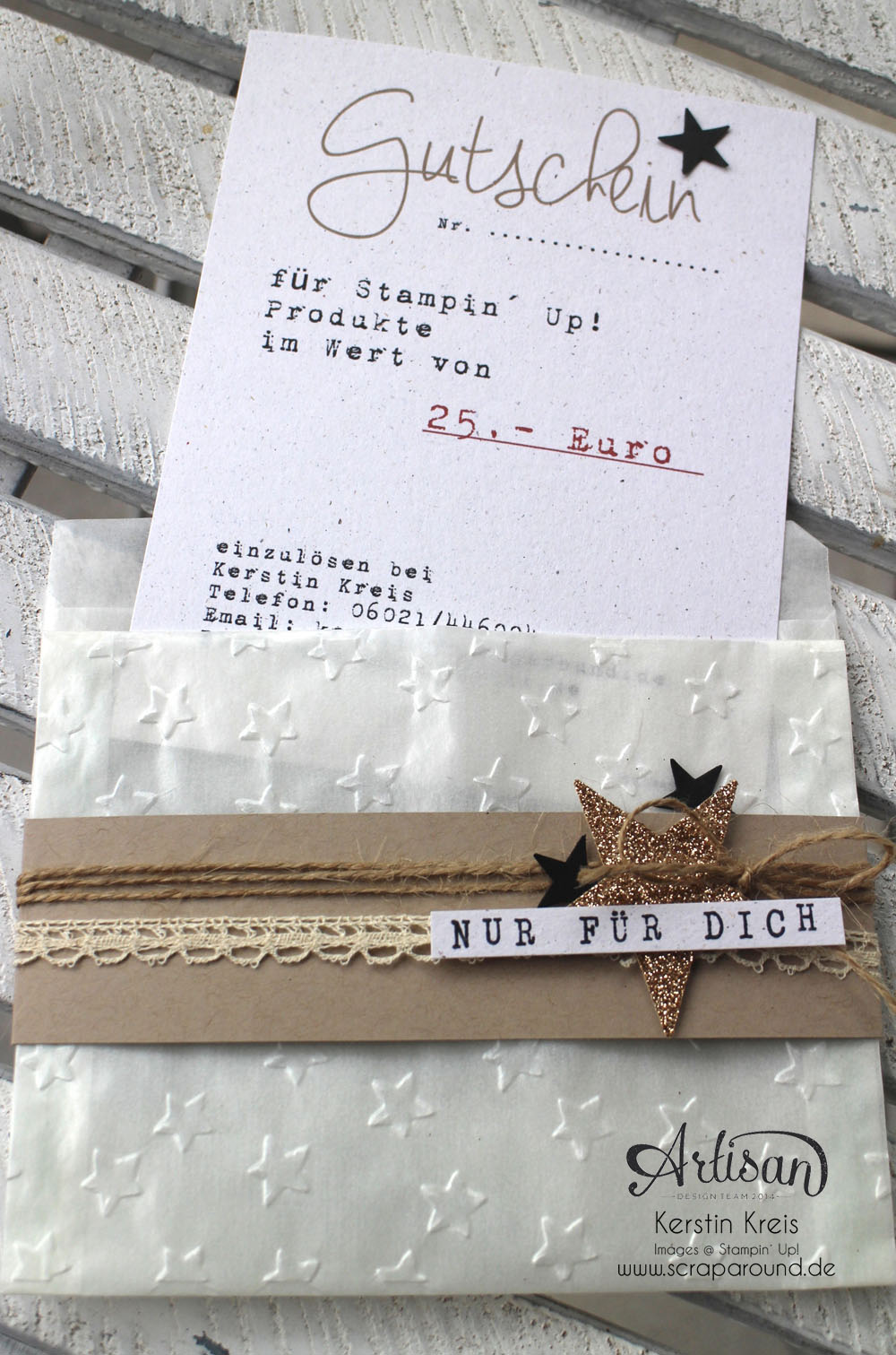 Stampin´ Up! Artisan DesignTeam BlogHop 30.10.2014 - Gutschein-Verpackung aus Pergamintüte und Prägefolder "Glückssterne" Detailbild3